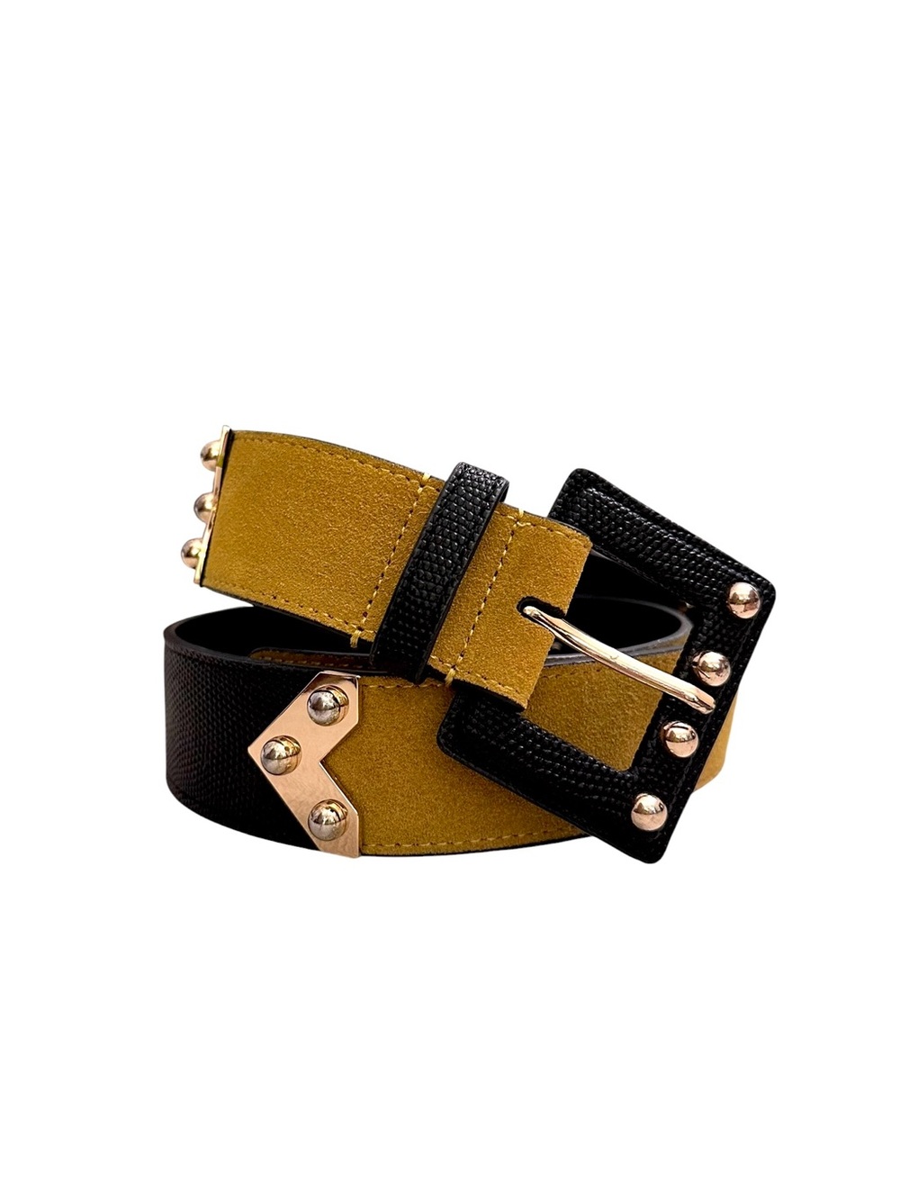 Cabi Ornament Belt Black Embossed Leather Yellow Suede Size Small 4593